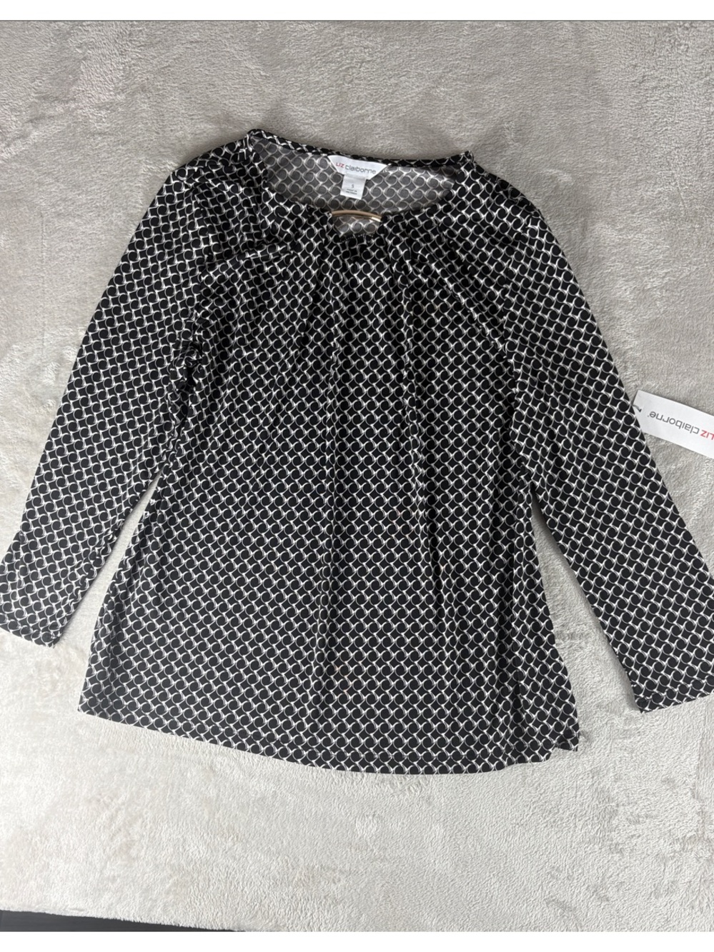 Liz Claiborne NWT Black White Geometric Print Top Women's Small 3/4 Sleeve